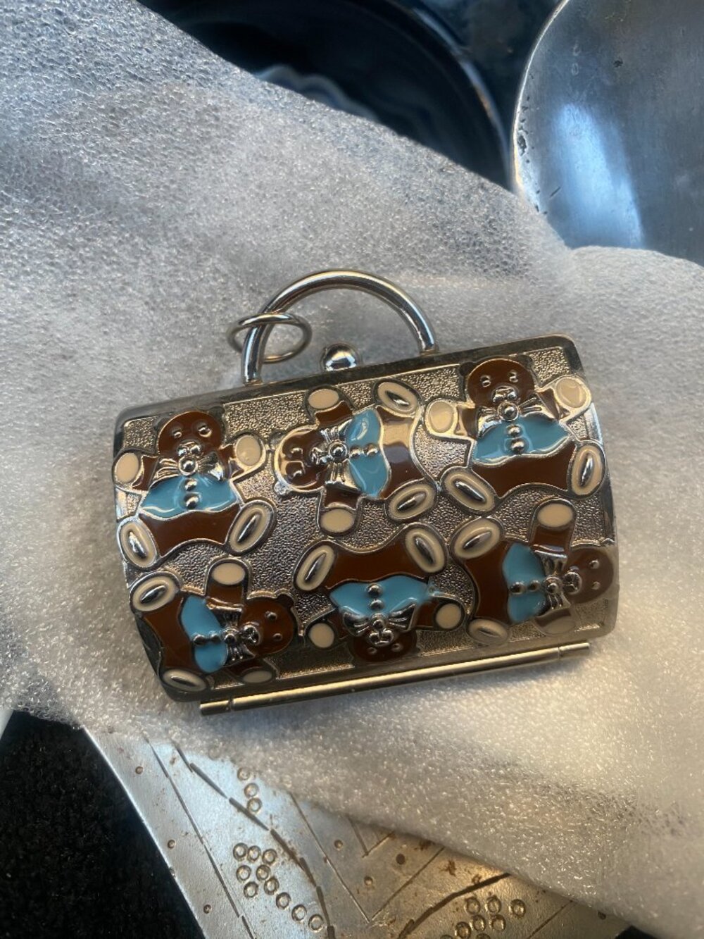 Judith Leiber for Neiman Marcus mini purse enamel teddy bear pill / trinket box